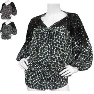 Gold Hawk Herringbone Printed Cowl Neck Blouse w/Lace,  SMALL *NWT*
